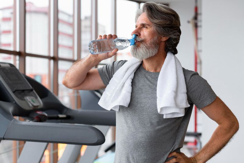 A man in his 50s is drinking some water after doing some running on a treadmill at the gym.