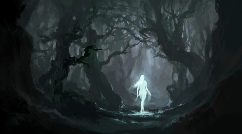 An abstract image of a glowing figure in the dark woods, representing spiritual dreams that you might have of recently deceased people.