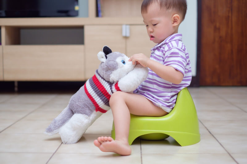 A toddler boy is sitting on a portable training potty to poop.