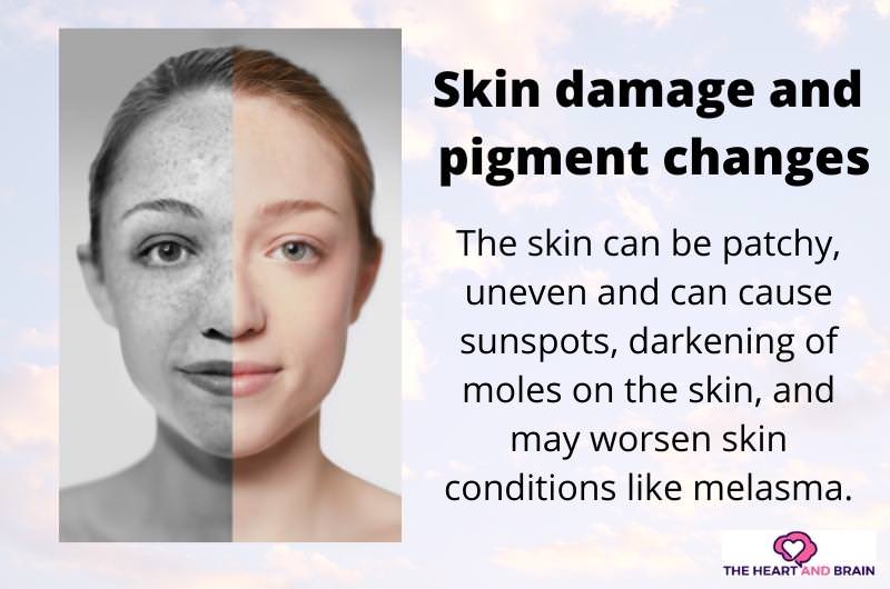 A picture of a woman comparing the skin damage and pigment changes.