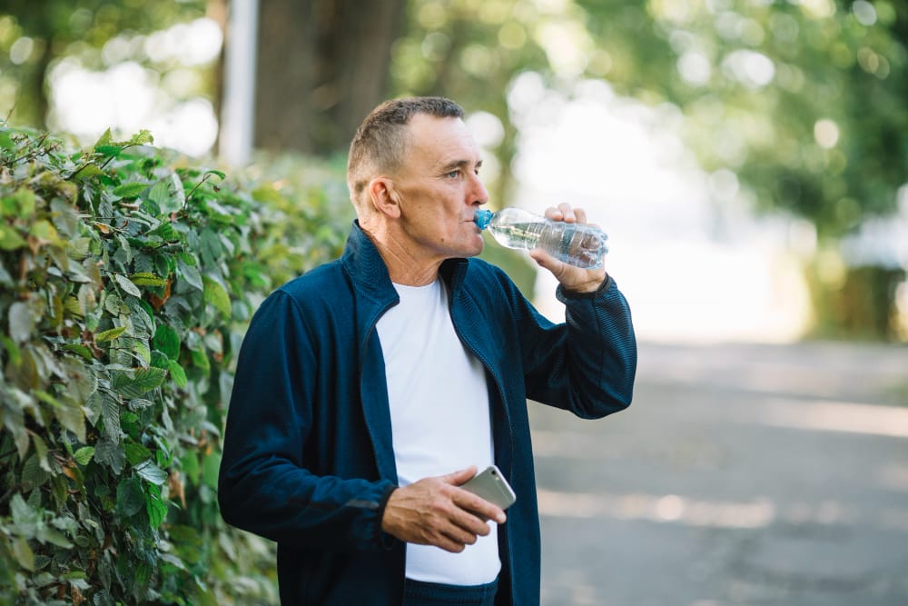 An older man is out for a walk and is taking a break to drink some water