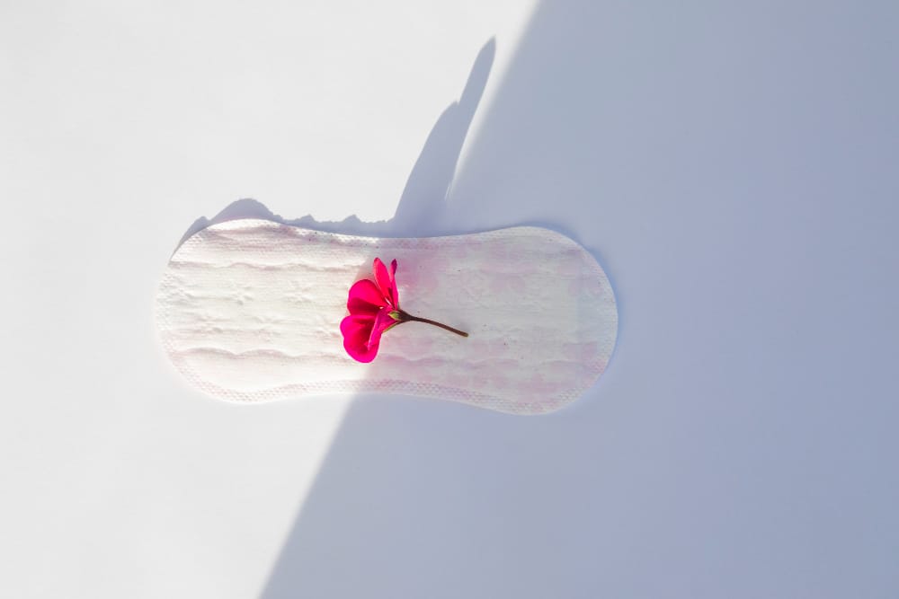 A pink flower on a menstruation pad, representing a light period, also known as Hypomenorrhea