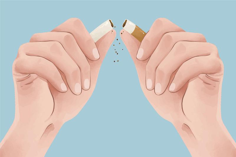 A graphic of hands breaking a cigarette, representing someone who finally quit  smoking.