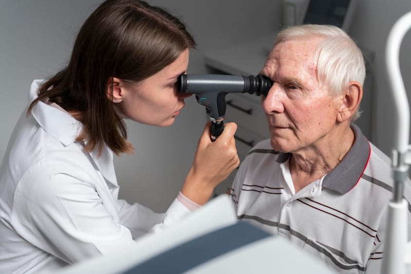 An older man is getting his eyes checked by his optometrist for Blepharitis 
