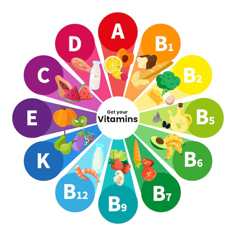 A chart showing all the vitamins along with foods that these vitamins can be found in.