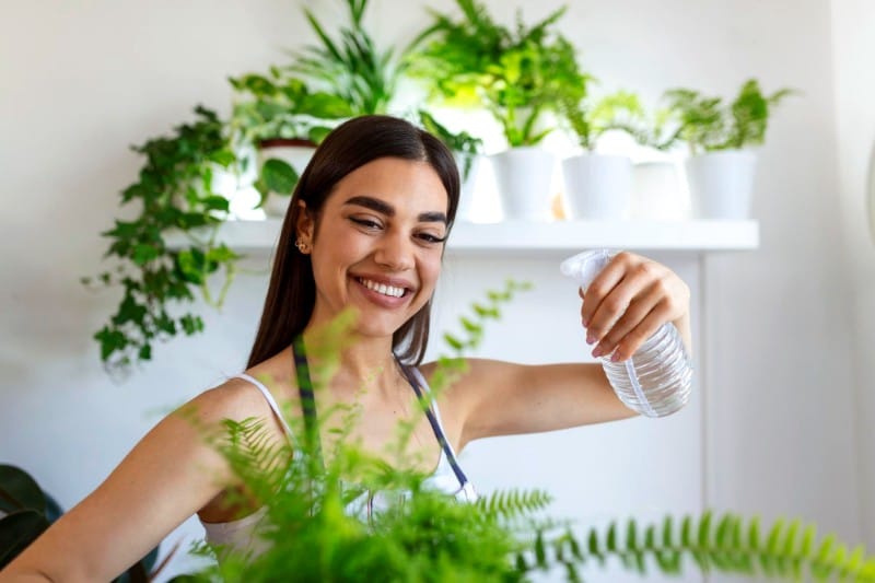 A young woman is watering her many houseplants that help to keep her indoor air cleaner