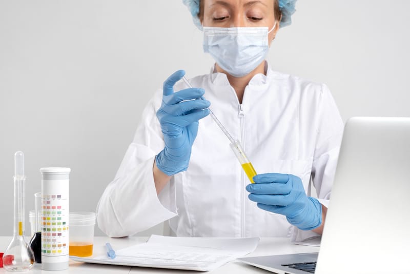 A woman in a lab is conducting a urine test