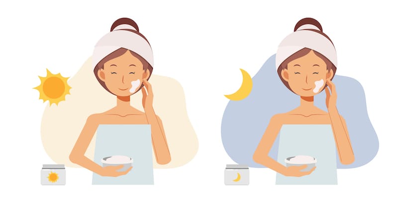 A graphic showing a woman using different skincare products for her day and night skincare routine