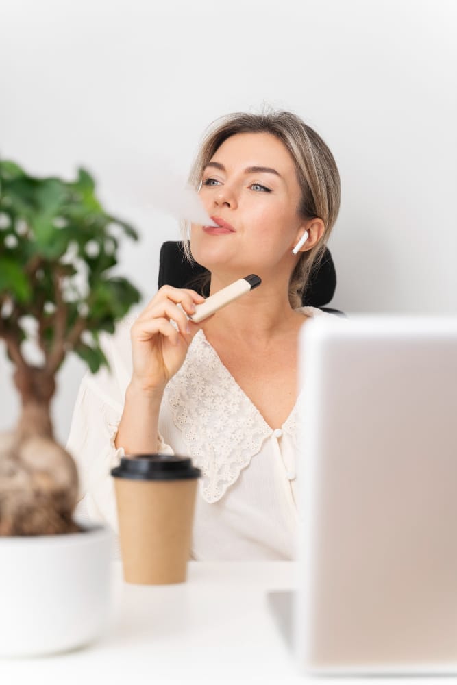A woman is sitting in her office taking a break and is vaping