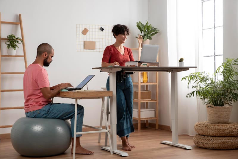 A couple are working in their home office which they made as ergonomic as possible