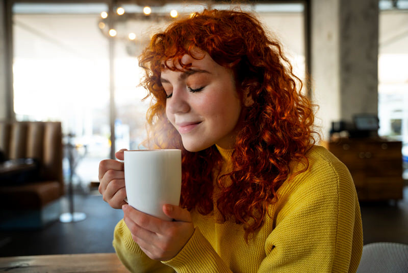 A young woman is enjoying the aroma of a cup of coffee she just brewed