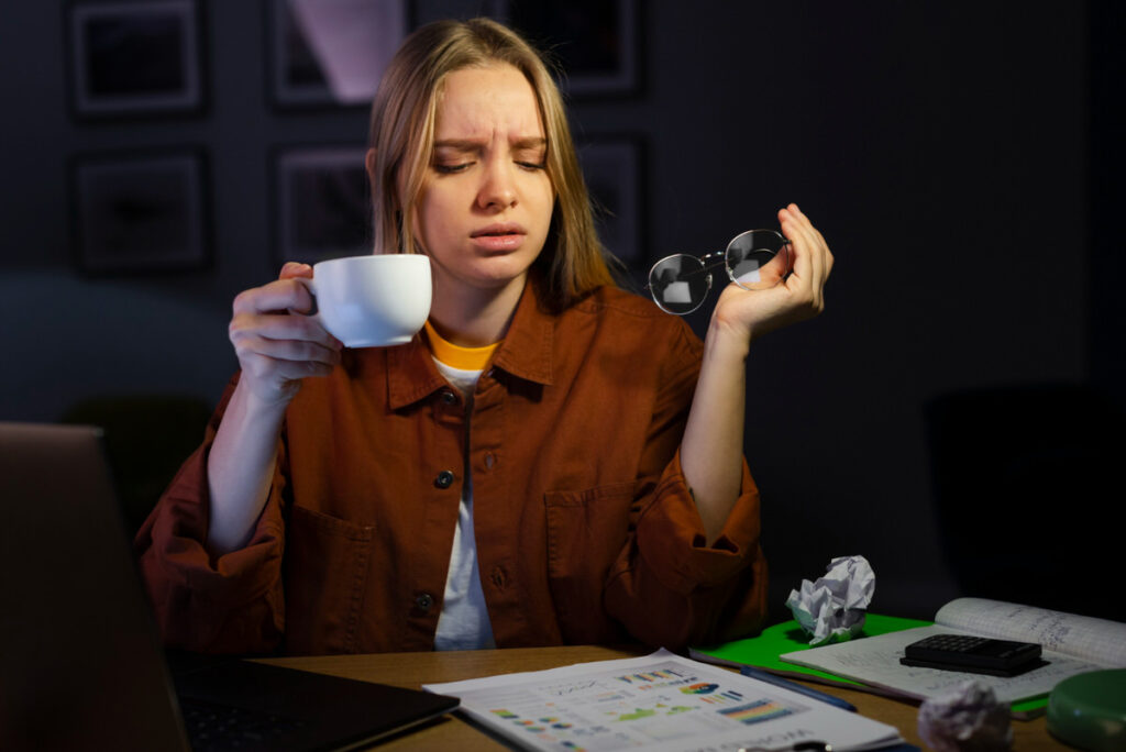 A young woman is drinking coffee and looking noticeably anxious