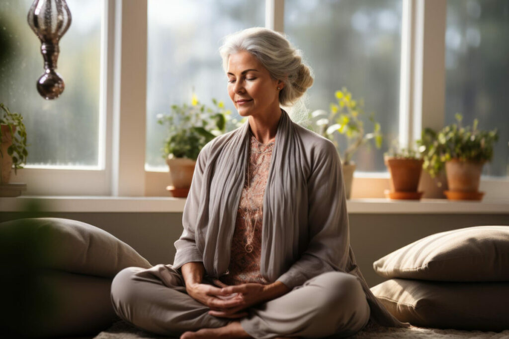 A middle aged woman is sitting peacefully on the ground with her eyes closed, trying to meditate