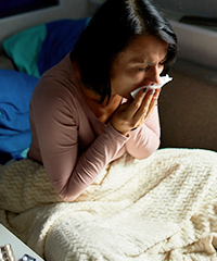 A woman with allergies is in bed blowing her nose