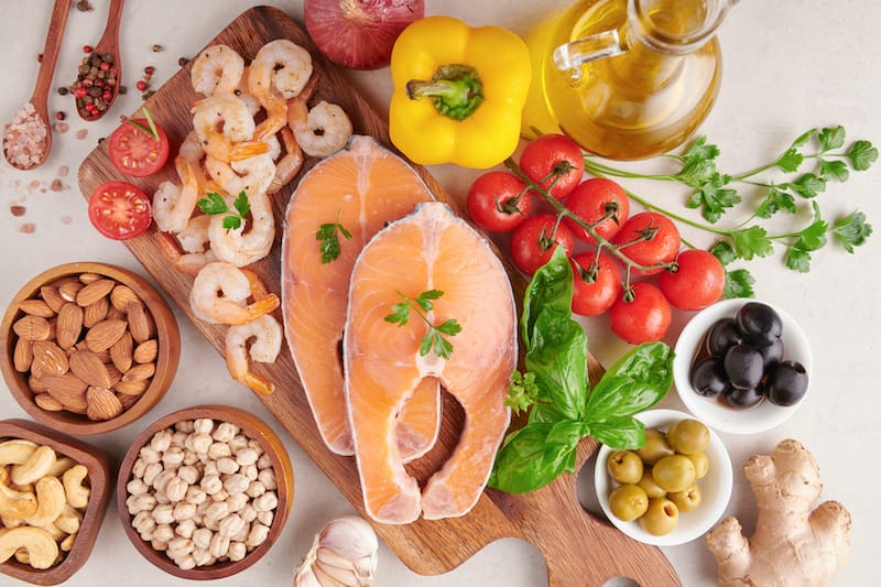 A display of a variety of foods that are included in the Mediterranean diet